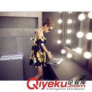 連衣裙 2015夏季新品 韓版露肩炫彩撞色印花吊帶荷葉邊連衣裙女裙
