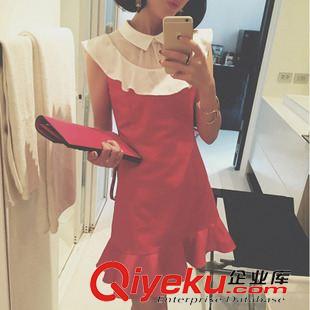 連衣裙 2015夏季新品 雪紡拼接荷葉邊連衣裙 翻領無袖禮服裙