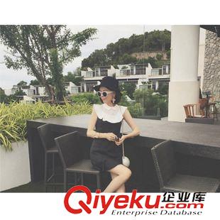 連衣裙 2015夏季新品 雪紡拼接荷葉邊連衣裙 翻領無袖禮服裙
