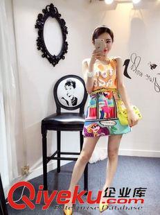 連衣裙 2015夏季新品 韓國女裝 卡通動畫圖案拼色無袖背心連衣裙
