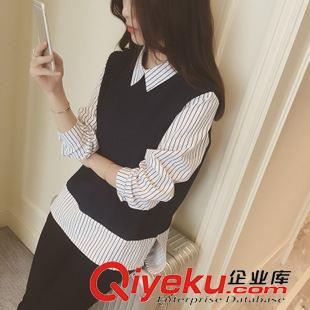 9.11 長袖襯衫 2015新款女裝清新翻領(lǐng)長袖寬松百搭韓版顯瘦條紋拼接原始圖片3
