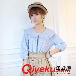 8.15 小清新娃娃領(lǐng)百搭格子襯衫上衣襯衣t恤女2015韓版秋裝新款a779#原始圖片2
