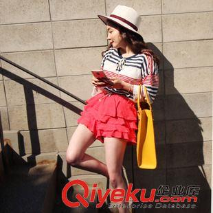【T恤】 時(shí)尚寬松條紋T恤女2015韓國夏季彩色條紋系帶裝飾針織衫a611#原始圖片3