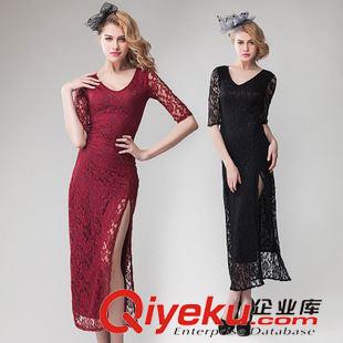 連衣裙 外模實拍2015歐美性感修身V領側開叉七分袖長款蕾絲連衣裙原始圖片2