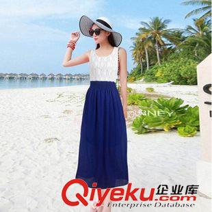 冰絲料連衣裙 現貨供應拼接撞色新款圓領背心裙地攤女裝連衣裙冰絲蕾絲連衣裙女原始圖片3