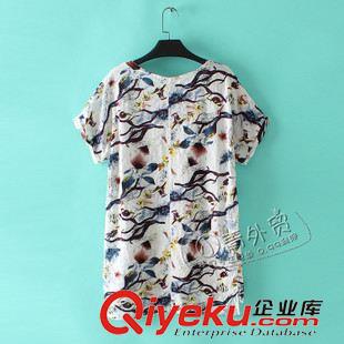 6月8日新品 V57小青家 夏季新款百搭樹枝圖案圓領(lǐng)修身中長(zhǎng)款棉麻女裝襯衣襯衫