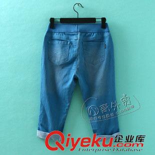 7月7日新品 B281 韓國單 夏季新款簡約松緊腰修身磨白女裝小腳褲牛仔七分褲子原始圖片2