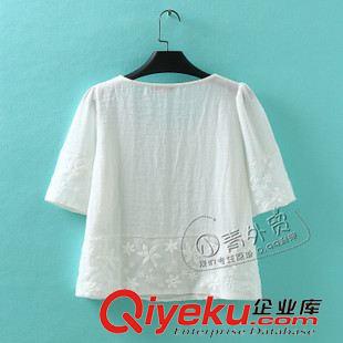7月7日新品 B301 日本單 夏季新款歐根紗繡花純色圓領(lǐng)棉麻短袖女上衣襯衫襯衣原始圖片2