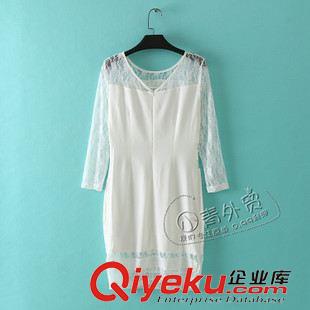 7月7日新品 B219 外貿女裝 夏季新款純色修身圓領蕾絲拼接長袖一步裙連衣裙子原始圖片2