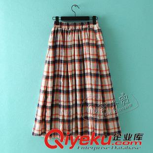 7月7日新品 B252 日本單 2015夏裝新款格子裙子收腰半身裙a字裙女裝棉麻長裙原始圖片2