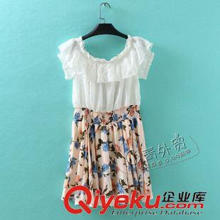 7月7日新品 B295 日本單 夏季新款淑女拼接印花圖案修身一字領女裝雪紡連衣裙原始圖片2