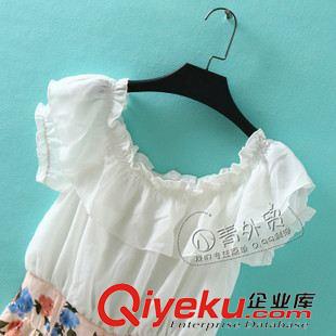 7月7日新品 B295 日本單 夏季新款淑女拼接印花圖案修身一字領女裝雪紡連衣裙原始圖片3