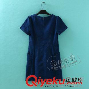 7月7日新品 B292 外貿(mào)女裝 夏季新款歐美范圓領(lǐng)簡約修身純色牛仔裙短袖連衣裙原始圖片2