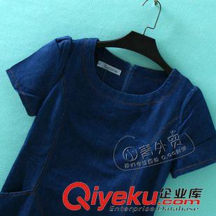 7月7日新品 B292 外貿(mào)女裝 夏季新款歐美范圓領(lǐng)簡約修身純色牛仔裙短袖連衣裙原始圖片3