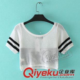 6月30日新品 B01美國(guó)單 夏季新款百搭數(shù)字圖案修身一字領(lǐng)插肩短袖超短針織衫原始圖片2