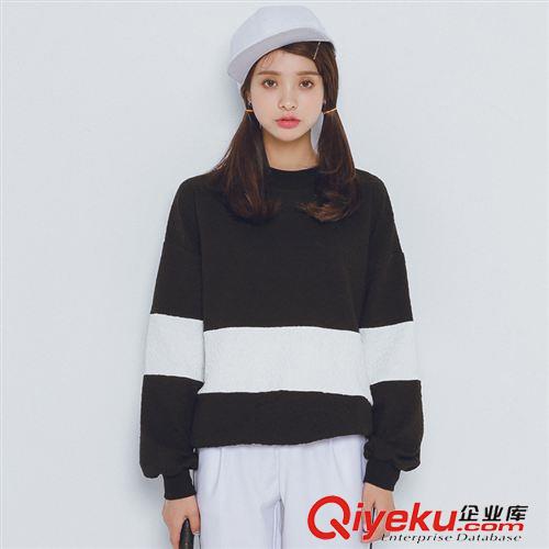 秋季新款 15秋季新款 韓國東大門復古寬松套頭拼接條紋休閑衛衣原始圖片3