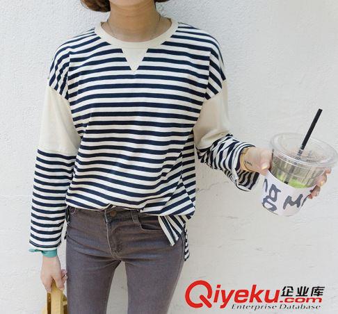 8月21日-2NEW 15秋季新款 韓國東大門學院風圓領補丁條紋女長袖T恤衫Tee原始圖片3