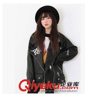 8月11日NEW 15秋季新款 歐美皮衣女款黑白字母印花寬松短外套重工機車皮夾克原始圖片2