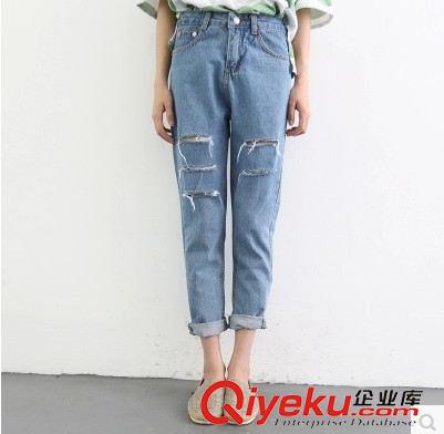 7月18日NEW 15夏季新款 韓國東大門學院風淺色破洞毛邊百搭牛仔褲 九分褲原始圖片3