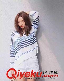 7月14日NEW 15秋季新款 韓國東大門復古交叉系帶領多色橫條紋休閑針織衫原始圖片2