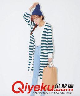 7月9日NEW 15秋季新款 韓國東大門復(fù)古時尚百搭配色條紋長款針織開衫女原始圖片3