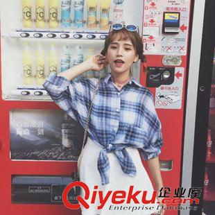 2015年{zx1}春夏款 15夏季新款 韓國(guó)東大門學(xué)院風(fēng)料線條格子休閑寬松防曬襯衣原始圖片2