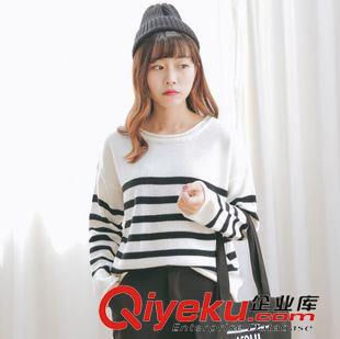 2015年09月09新款 毛衣女實(shí)拍 韓國(guó)代購2015秋冬經(jīng)典黑白條紋拼色寬松純棉針織衫原始圖片2