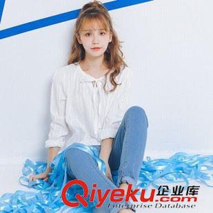 08月16新款 襯衣女2015秋季新品甜美日系修身純色襯衫娃娃棉麻綁帶長袖衫原始圖片2