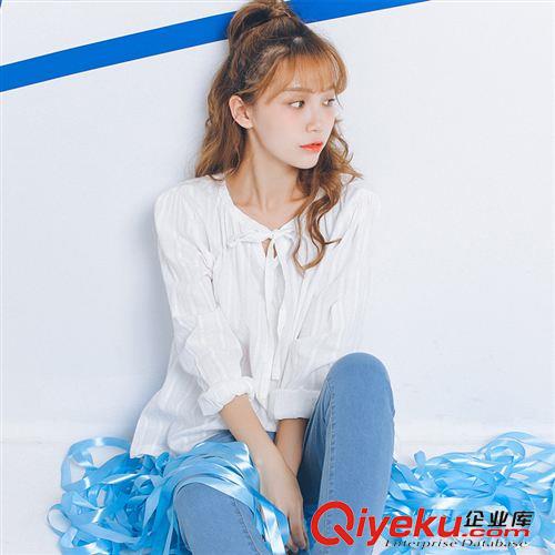 08月16新款 襯衣女2015秋季新品甜美日系修身純色襯衫娃娃棉麻綁帶長袖衫原始圖片3