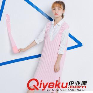 08月10新款 針織毛衣女2015秋冬韓版背心馬甲女學(xué)院風(fēng)V領(lǐng)條紋長款廠家直銷原始圖片3