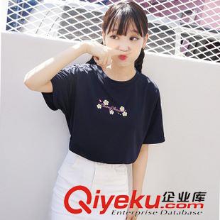 06月21新款 韓國代購韓范小清新學(xué)院風(fēng)卡通火箭繡花字母刺繡寬松短袖T恤女原始圖片2