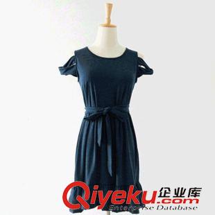 06月31日新款 2014夏韓版新款女裝 寶藍色簡潔露肩蝴蝶結腰帶修身吊帶連衣裙原始圖片2