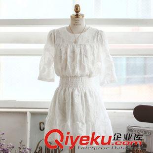 3月后下架款式 2014夏韓版新款女裝 白色立體繡花收腰七分袖雪紡連衣裙