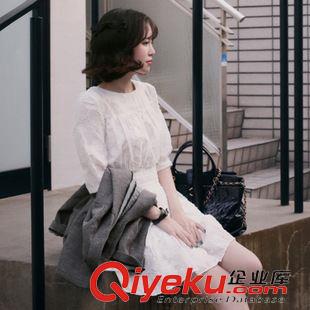 3月后下架款式 2014夏韓版新款女裝 白色立體繡花收腰七分袖雪紡連衣裙