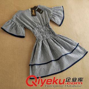 3月后下架款式 2015夏季韓國東大門新款女裝 松緊腰荷葉袖格子連衣裙蓬蓬連衣裙