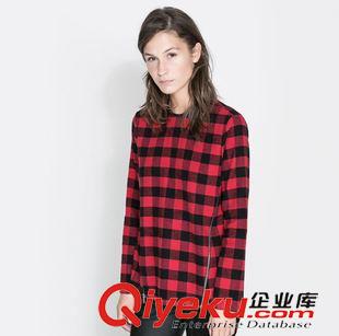 速賣通外貿(mào)爆款專區(qū) 新款 歐美紅格子襯衫腰部雙拉鏈上衣修身格子襯衫