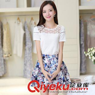 6月第二波 2015夏季新款蕾絲修身顯瘦氣質(zhì)短袖套裝裙印花兩件套連衣裙子女原始圖片3