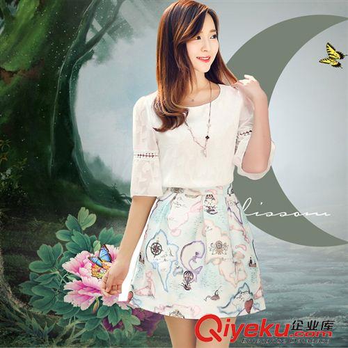 6月第二波 2015夏新款女裝兩件套高腰連衣裙 中袖圓領(lǐng)套裝蓬蓬a字裙女原始圖片3