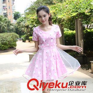 6月{dy}波 2015修身夏裙連衣裙甜美小清新拼接網(wǎng)紗印花棉麻連衣裙短袖原始圖片3