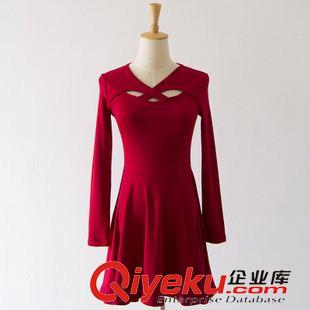 連衣裙 2015秋冬新款性感鏤空領(lǐng)氣質(zhì)收腰純色百褶長袖連衣裙原始圖片2