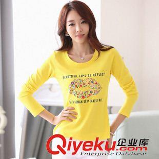 T恤 2015實(shí)拍女裝t恤女長(zhǎng)袖韓國(guó)修身大碼短長(zhǎng)袖體恤亮片大嘴唇T恤秋款原始圖片3