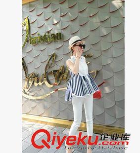 休閑套裝 2015歐美格子鏤空拼條紋上衣+彈力包臀七分褲套裝原始圖片3