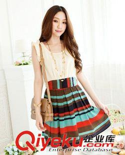 2015新款夏季女裝（二） 新款女裝夏裝連衣裙批發 韓版時尚拼色條紋系帶百褶無袖連衣裙夏