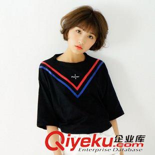 【爆款-店長推薦】 實拍#2015夏季韓國東大門 韓版海軍風V領印花寬松短袖T恤原始圖片3