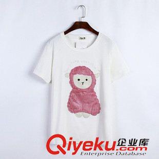 4月上旬新款 2015夏季新款可愛圓領(lǐng)卡通英文字母印花小羊刺繡打底短袖T恤原始圖片2