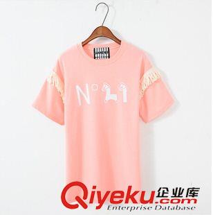 4月上旬新款 2015夏季新款休閑百搭春夏袖子拼接流蘇N°21印花短袖T恤女原始圖片3