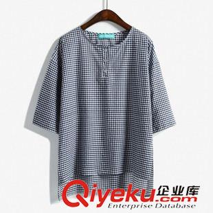 5月下旬新款 2015韓國(guó)東大門學(xué)院風(fēng)小清新圓領(lǐng)紐扣七分袖前短后長(zhǎng)格子襯衣女裝原始圖片2