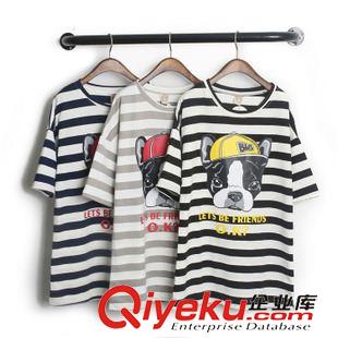 6月上旬新款 2015韓國(guó)春夏官網(wǎng)新款 撞色條紋卡通斗牛狗寬松毛圈棉短袖t恤女原始圖片3