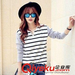 單款衛(wèi)衣 2015秋裝新款韓版女裝休閑條紋拼接v領(lǐng)長(zhǎng)袖T恤一件代發(fā)原始圖片3