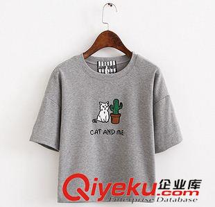 主推三【T恤系列】 2015夏季新款 韓版日韓時尚女裝貓咪仙人掌圓領(lǐng)寬松純棉短袖t恤女原始圖片3